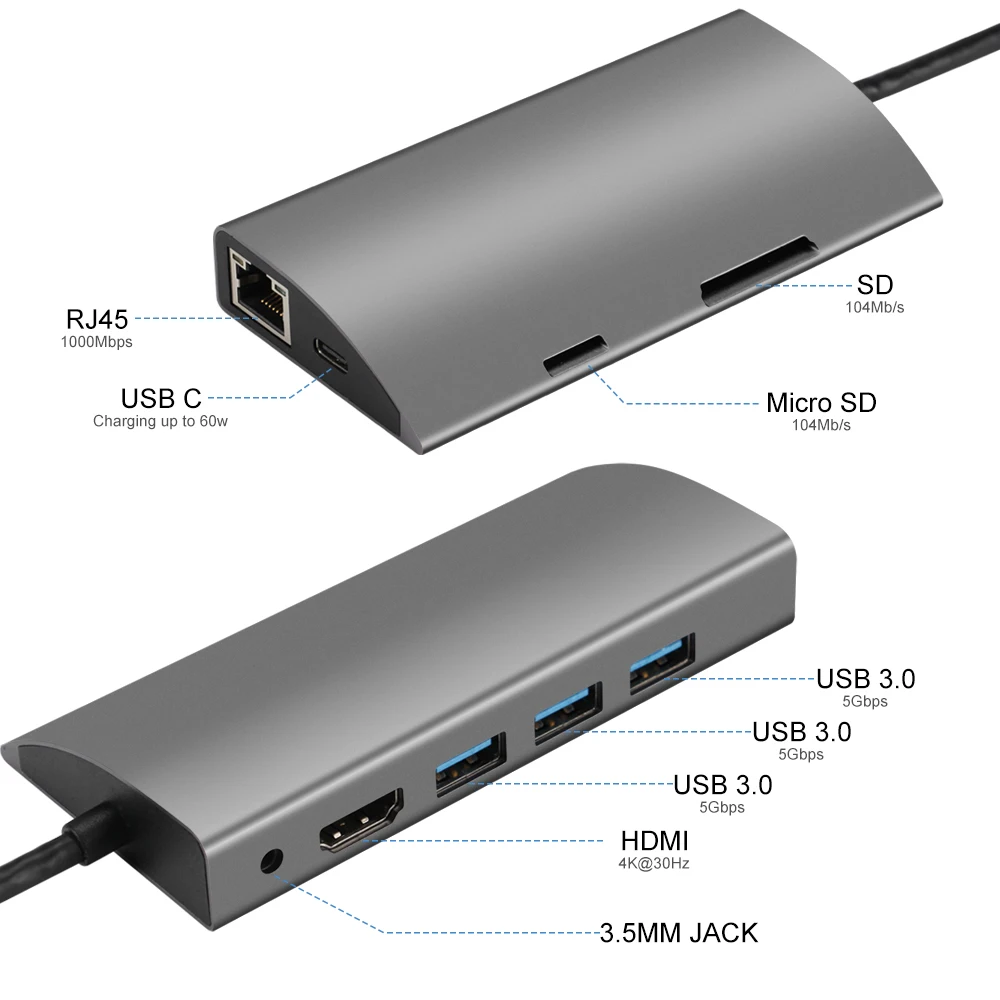 USB C концентратор USB3.0 HDMI VGA RJ45 Gigabit Ethernet SD/TF PD AUX зарядный адаптер USB C док-станция Тип c концентратор конвертер 9 в 1