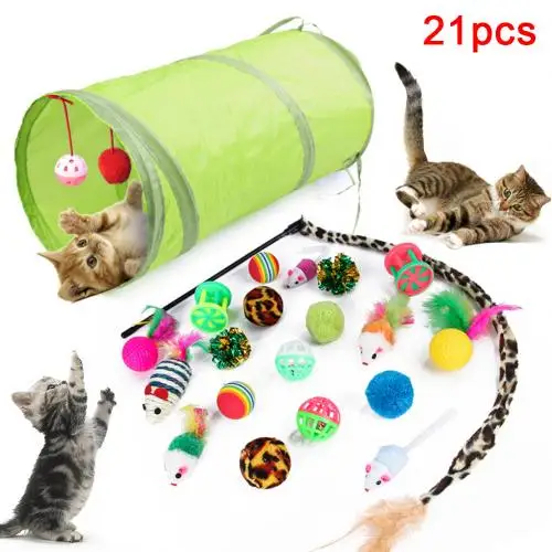 Random Color 21 шт., игрушка для домашних кошек, котенок, туннель, перо, колокольчик, мяч, мышь, в форме игровой палочки, забавная устойчивая к укусам интерактивная игрушка, набор для домашних животных - Цвет: Random Color