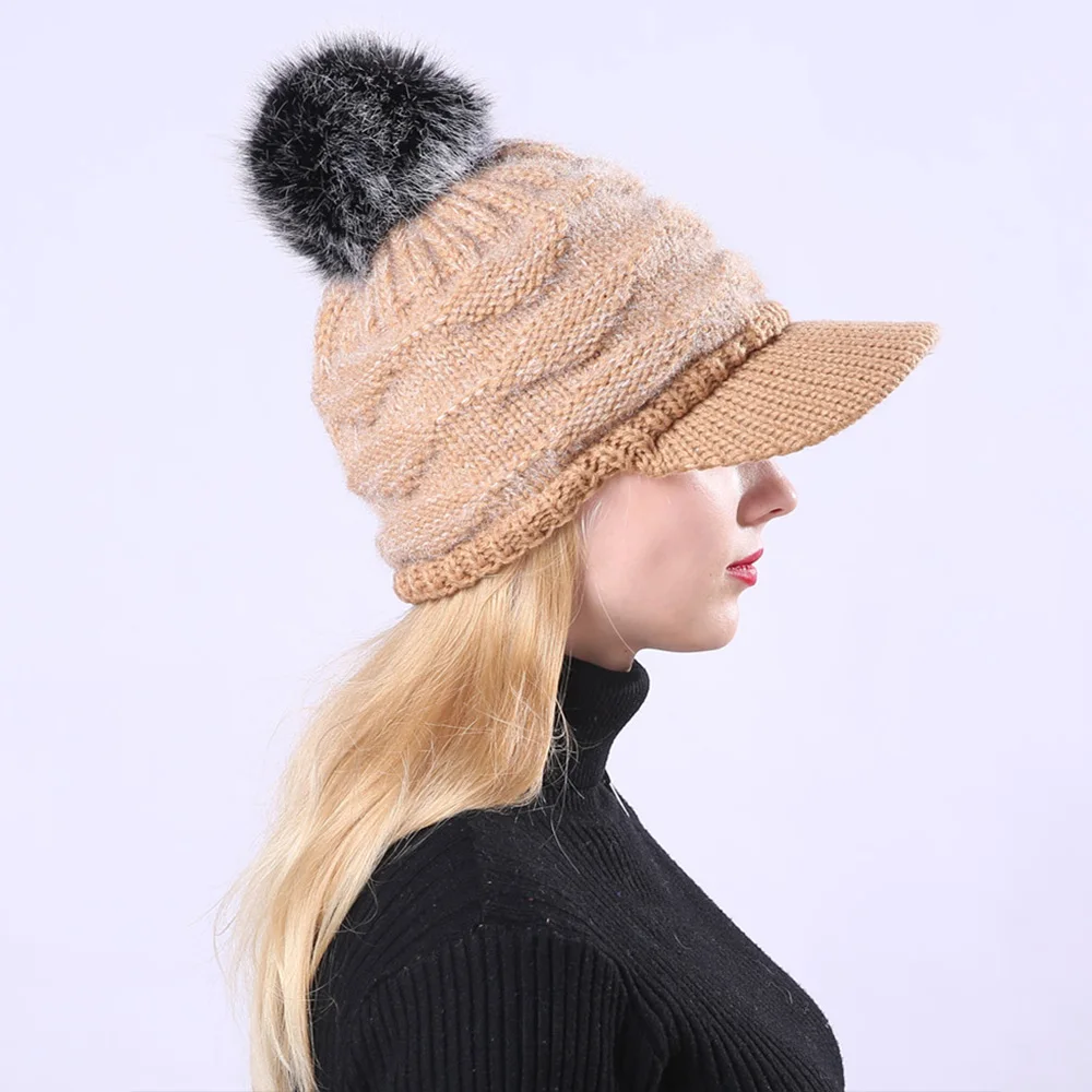 FS Pom Beanie шляпы для женщин зима Мех животных помпоном Skullies шапочки плюс бархат веревки дизайн вязаный Бейсбол кепки
