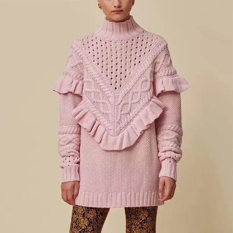 WOMENGAGA, женский свитер, длинный рукав, водолазка, вязаный свитер, оборки, полый, пуловеры, свободные, женские топы, Осень-зима, DG141 - Цвет: pink