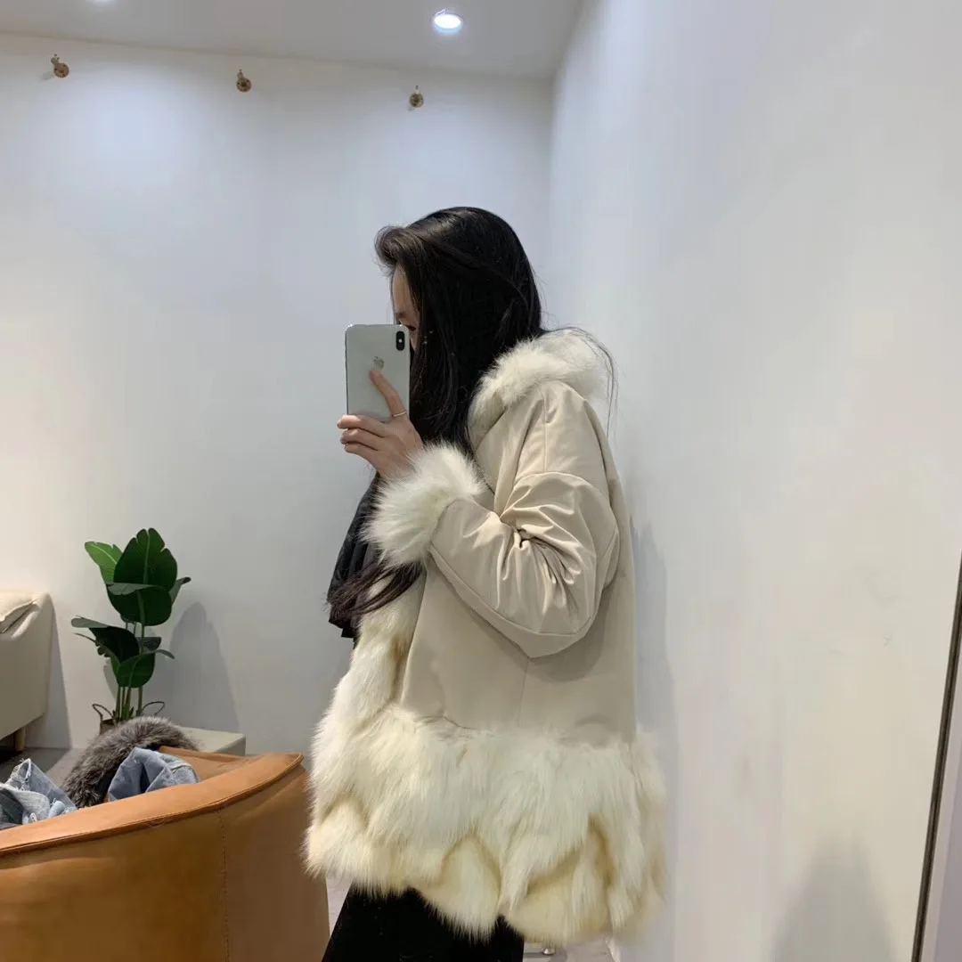 Деним с мехом, повседневные куртки,, новая модная Корейская джинсовая куртка с натуральным лисьим мехом и утиным пухом, зимнее пальто для женщин