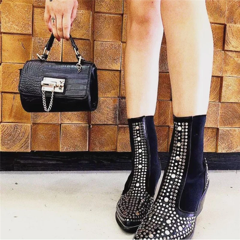 Square Heels Classic Fashion Rivets Elastic Ankle Boots Shoes Women Chelsea Boots platform boots,winter boots,ankle boots,women high heeled boots