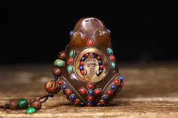 

Wedding Decoration 3" Tibet Buddhism Temple Natural Agate Inlaid Gems Frog Statue Shakyamuni Buddha Head Pattern Handle Pendant