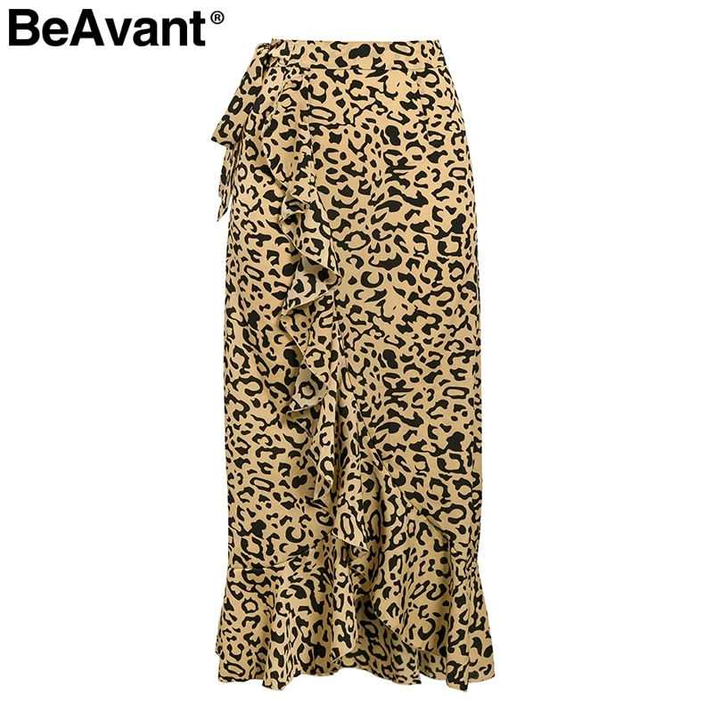 BeAvant Elegant leopard print women maxi skirt High waist ruffled asymmetrical female long skirt Side bow tie autumn lady skirts