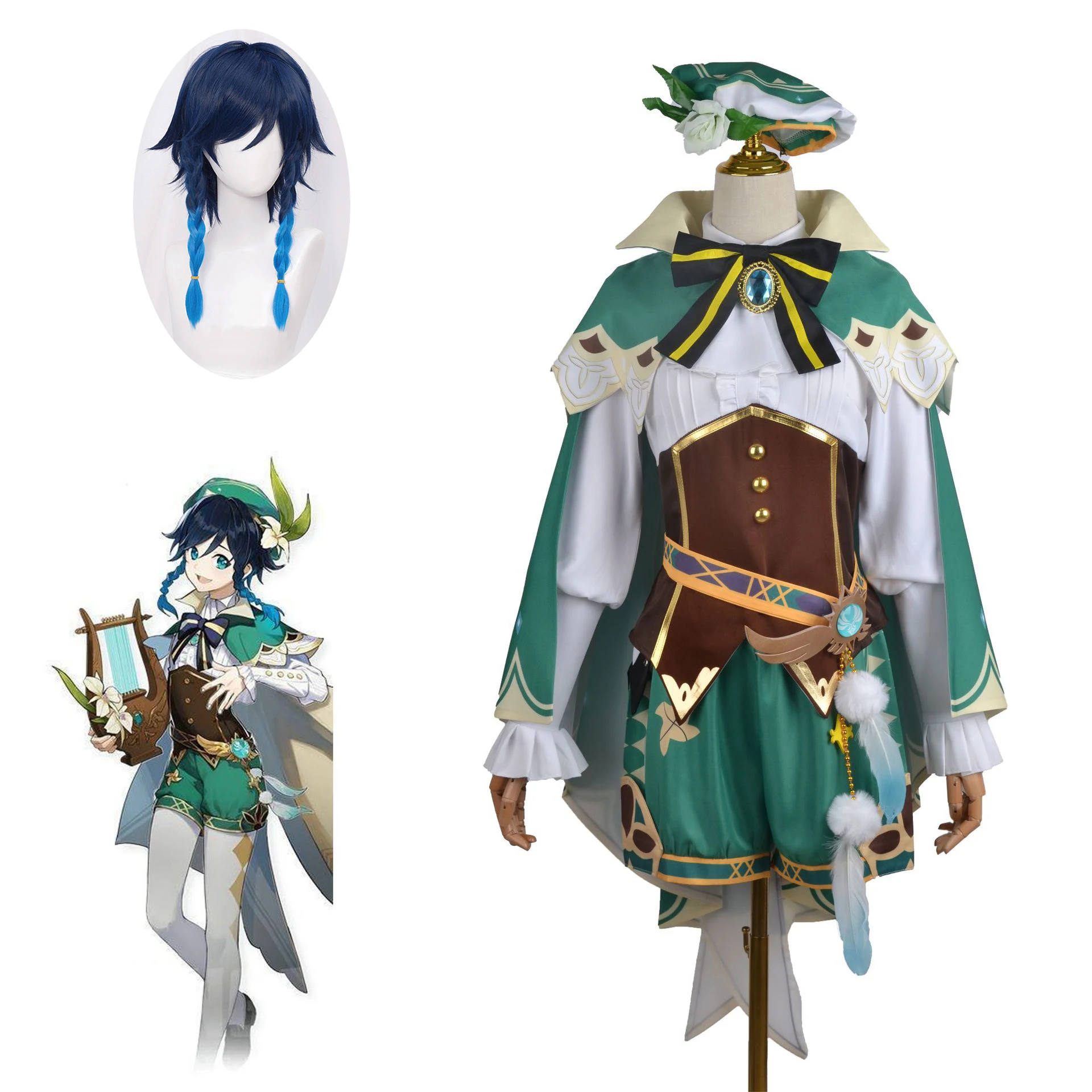 Genshin Impact Venti Cosplay Costume Wig God Of Wind Barbatos Women Game Uniform Suit Full Set Halloween Carnival Clothing |