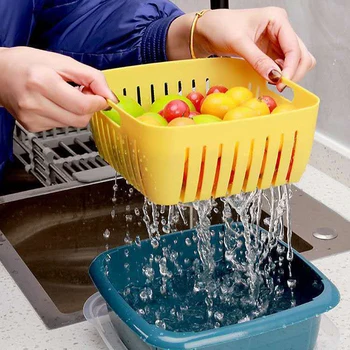 

Double Layer Kitchen Storage Containers Drain Basket Refrigerator Storage Box Plastic Kitchen Fruit Storage Basket with Lid