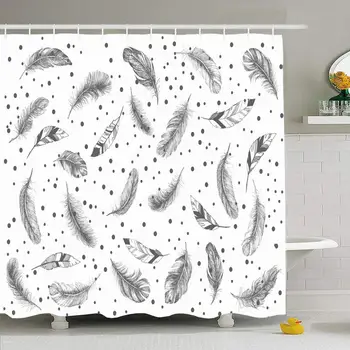 

Shower Curtain Set with Hooks American Feather Pattern Animals Wildlife Abstract Beautiful Bird Black Collection Drawing