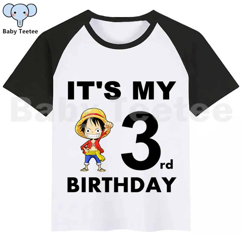 Цельный LUFFY мультфильм футболка «С Днем Рождения» Happy футболка «С Днем Рождения» с принтом забавные детские футболки, футболка для мальчиков и девочек, Рубашка с короткими рукавами футболка «С Днем Рождения»