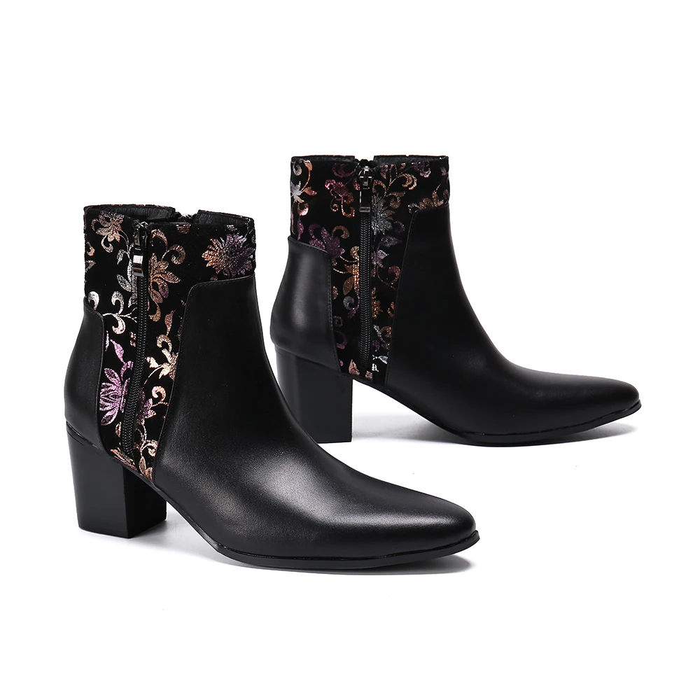 Winter Autumn Genuine Leather Men Boots Zipper Floral Print Men High Heel Ankle Boots Party Prom Formal Dress Boots Plus Size