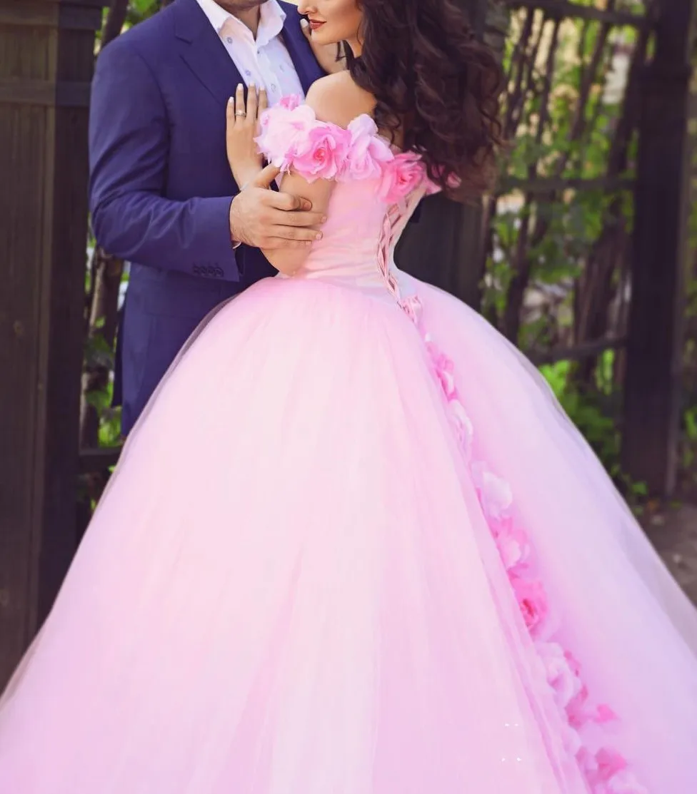 Розовый Vestido de noiva Цветочные Свадебные платья robe de mariee арабские невесты платье с v-образным вырезом gelinlik Длинные свадебные платья Поезд - Цвет: Розовый