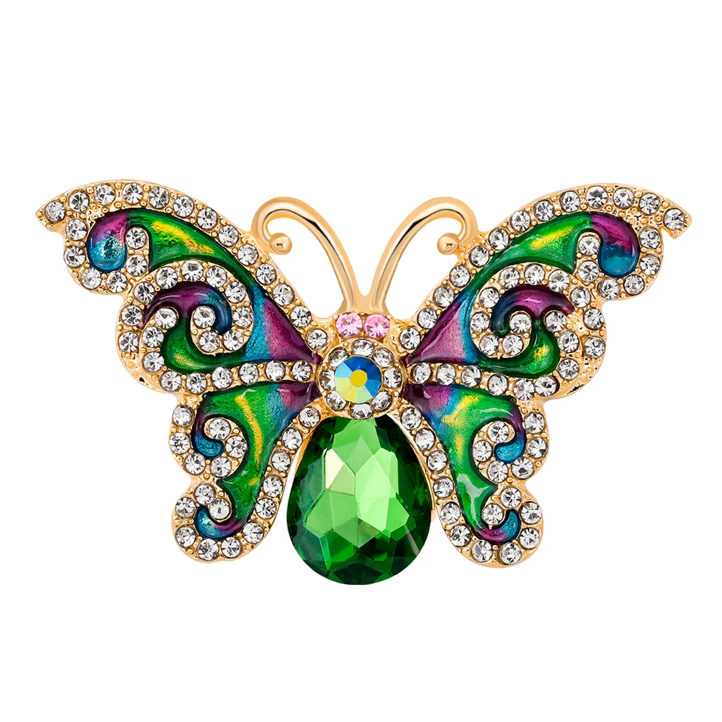 Green Wings Butterfly With Clear Rhinestone Insect Brooch Party Jewelry Pin