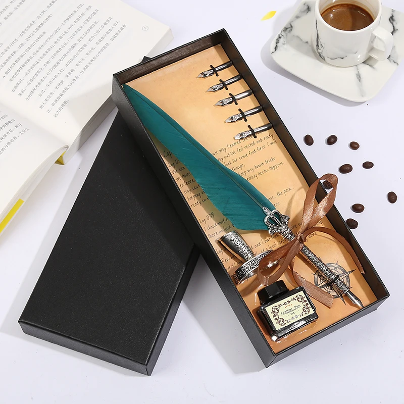 Dark green Европейский ретро длинный гусиный перо стержень перо ручка+ пять Замена перо+ одна бутылка чернил+ один держатель ручки - Цвет: Dark green