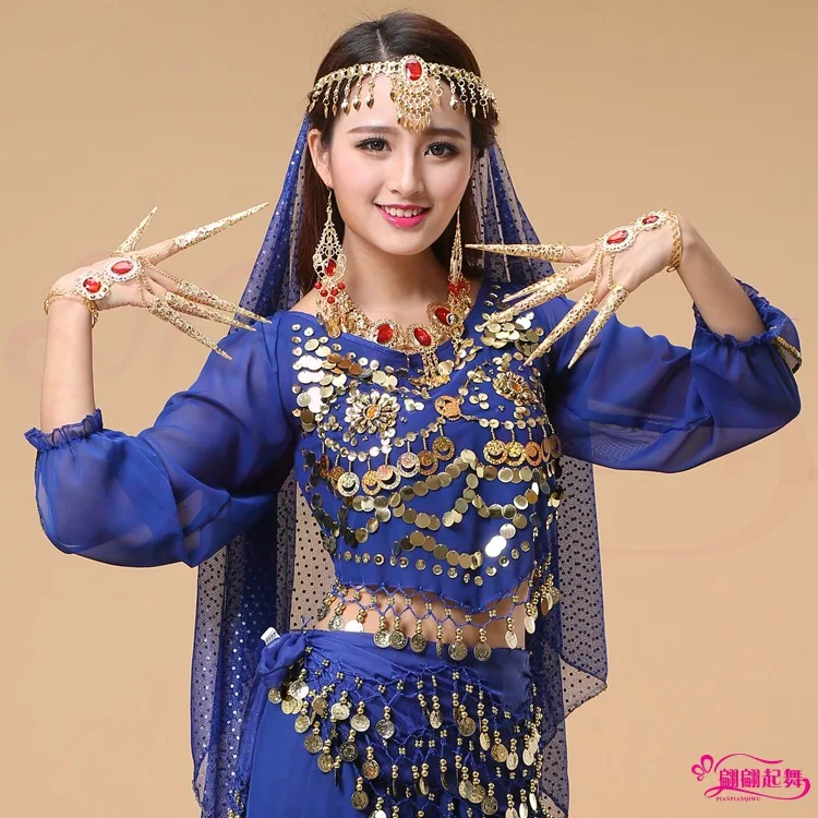 India Dance Table Performance Practice Clothes Belly Dance Clothing New Style Belly Dance Two Flowers Pepper Long-sleeved Upper