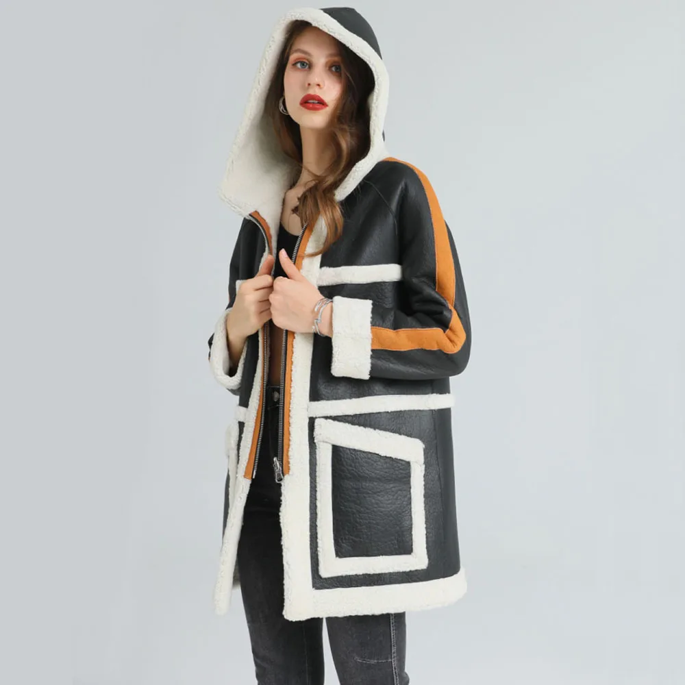 

2020 New Hooded Long Real Fur Coat For Women Thicken Warm Red Sheepskin Shearling Clothing Long Genuine Leather Outerwear