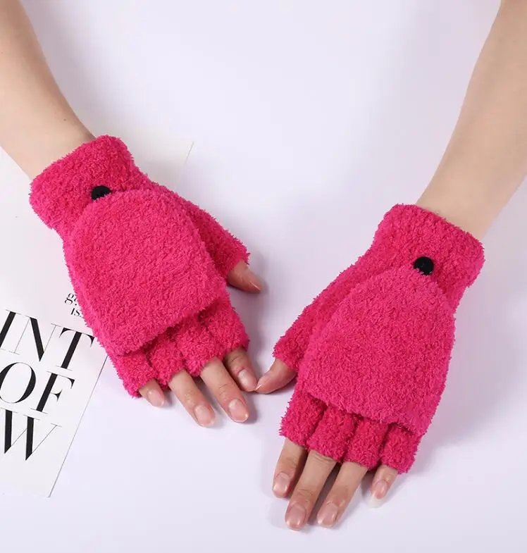 Осень-зима женские модные утолщенные теплые термальные Перчатки женский с полуоткрытыми пальцами, флип двойного назначения перчатки варежки TB261 - Цвет: rose