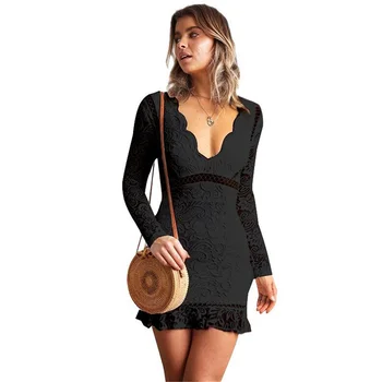 

Sexy Dress Deep V Neck Floral Lace Dress Long Sleeve Short Mermaid Party Dresses Elegant Clubwear Wrap Mini Dress Woman Clothes