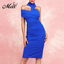 Max Spri Summer New Fashion Halter Cut Out Off Shoulder Women Party Dress Office Lady Midi Solid Blue Hot Dresses