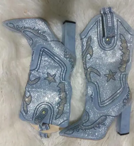 Полный Стразы Bling мульти с украшением в виде кристаллов просверленные в виде пентаграммы джинсовые ботинки острый носок не сужающийся к низу каблук ботинки martin Zapatos рыцарские сапоги