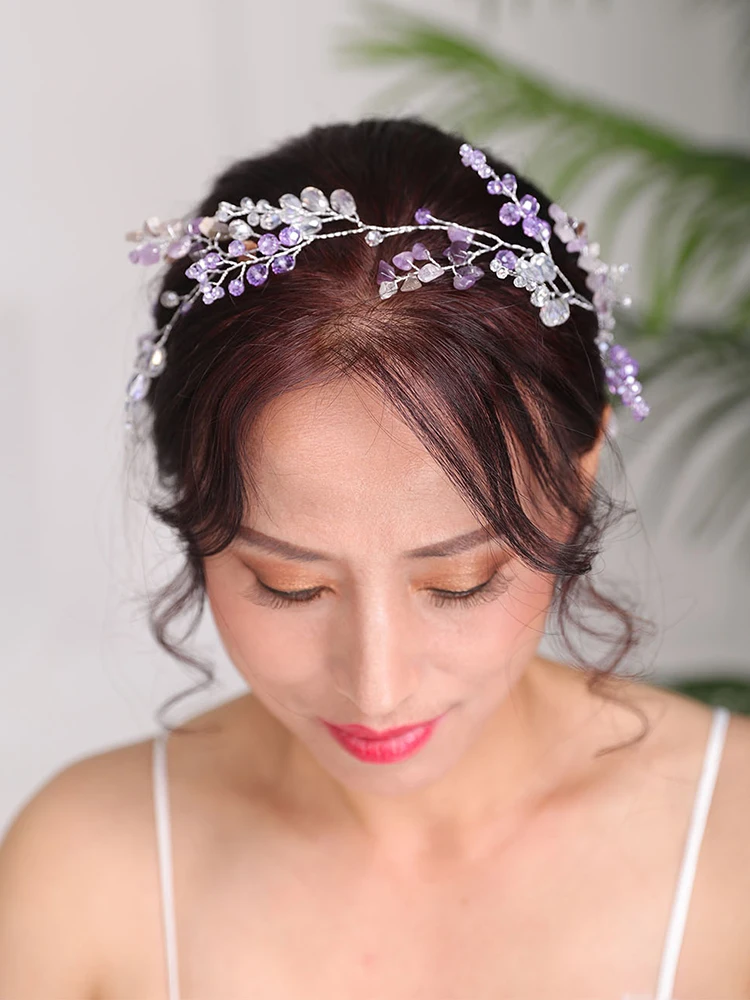 Bohe Bridal Hair Accessories Purple Headpieces Crystal Headband Handmade Women Hair band Wedding Hairstyle Jewelry