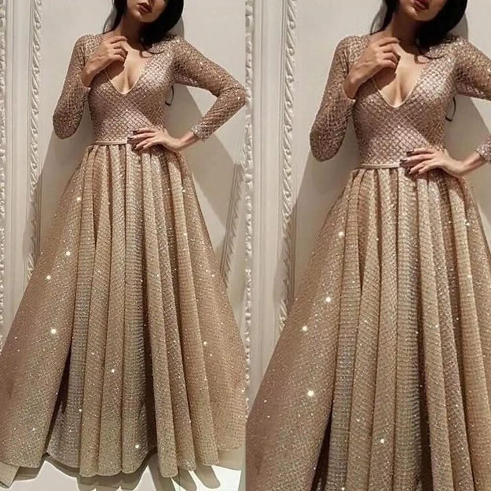SuperKimJo Vestidos De Graduacion блестящие платья для выпускного вечера цвета шампанского винтажные с глубоким v-образным вырезом арабское элегантное Дешевое платье для выпускного Gala Jurken