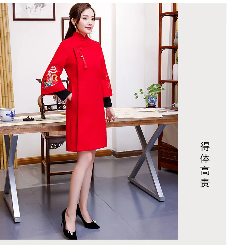 Fragrant Taste Cheongsam Chinese clothing improved Robe Winter Qipao women wool cotton overcoat Asian girls Embroidery Clothing