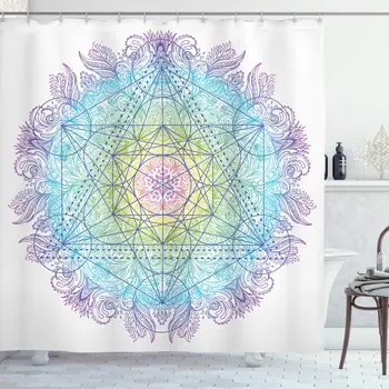 

Ethnic Shower Curtain, Mandala Round with Geometry Element Metatron Cube Alchemy Theme, Cloth Fabric Bathroom Decor Set with