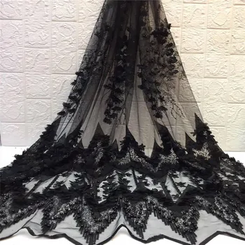 

African lace fabric,embroidered 3d flower net lace,black high quality Nigerian beads lace fabric with stone for wedding dress