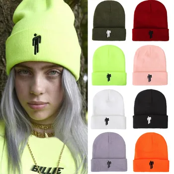 

2020 Billie Eilish Beanie Hat Women Men Embroidery Little Man Knitted Warm Winter Hat Solid Hip-hop Casual Cuffed Beanies Bonnet