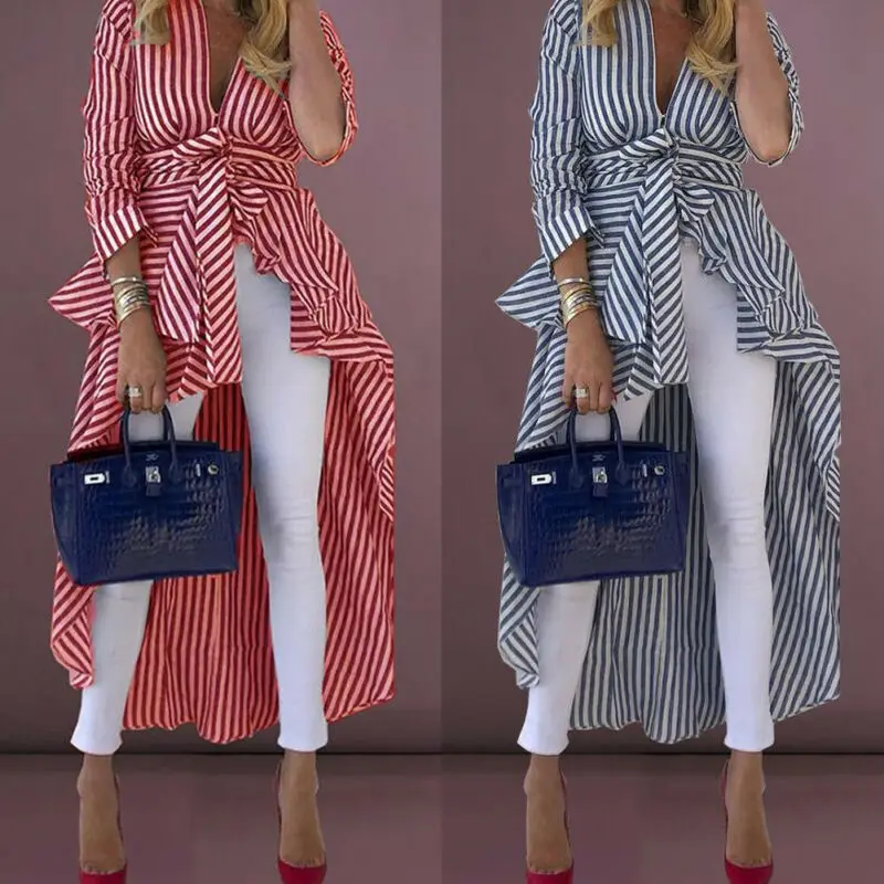 

Women Striped Print Blouse 2019 Autumn Tied Front Dip Hem Shirt Lady Long Sleeve V Neck Shirt Elegant Fashion Sexy Long Shirts