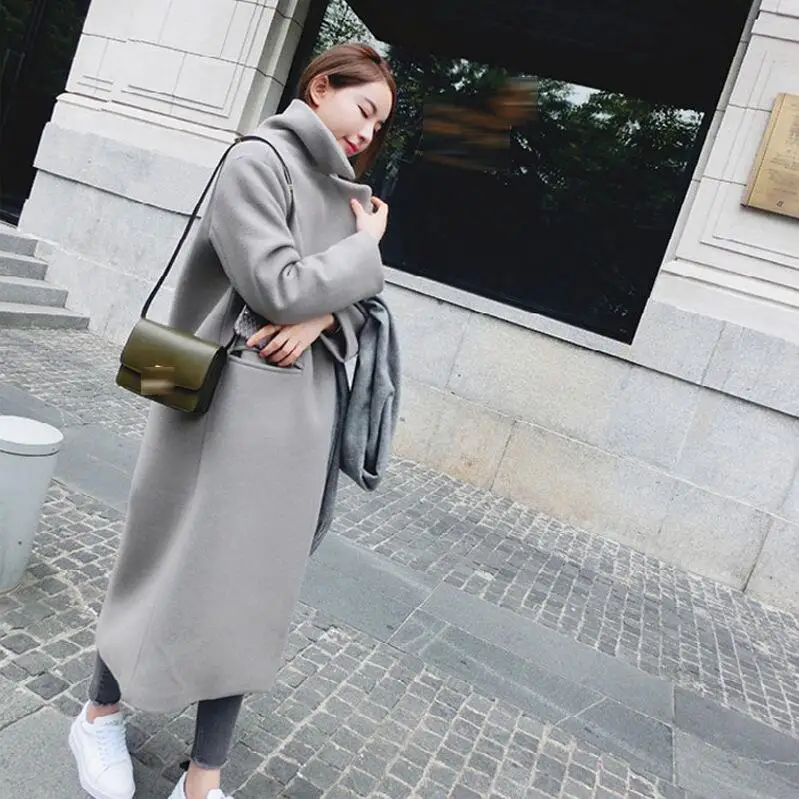 Женское шерстяное пальто, зимнее Новое повседневное корейское пальто, изящное длинное пальто, костюм с длинными рукавами, женская мода, большие размеры - Цвет: Gray