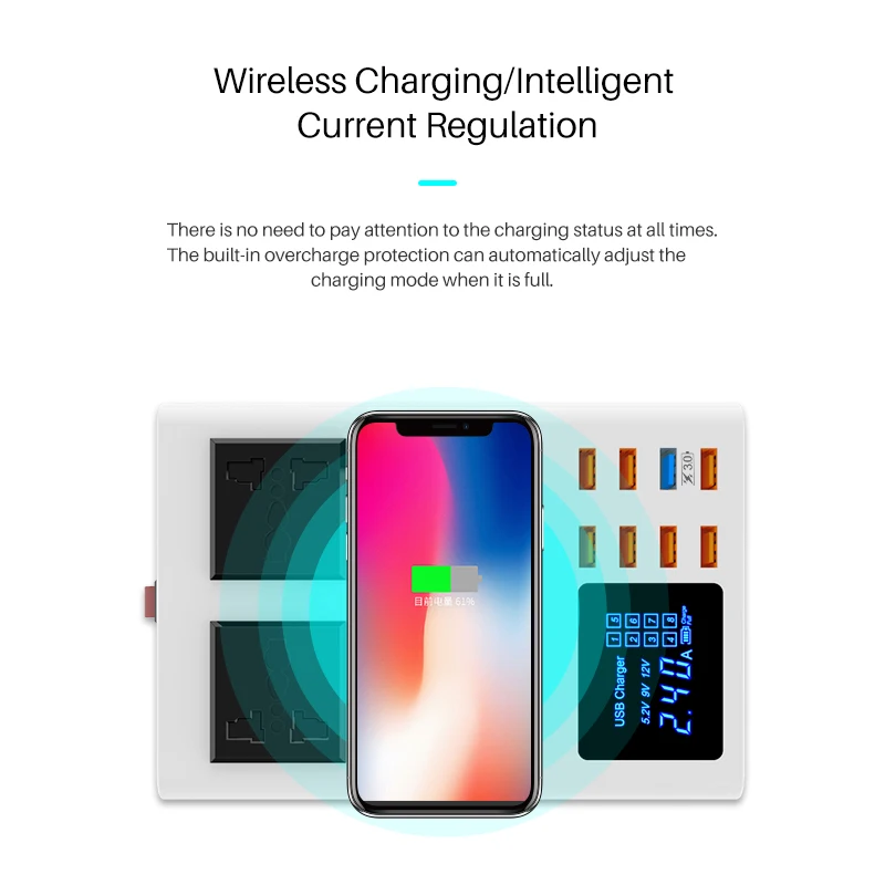 QC3.0 Quick Charger Wireless 8 port USB Charger Smart Universal for iphone X 7 Samsung S10 Xiaomi Desktop ac Socket Adapter Hub