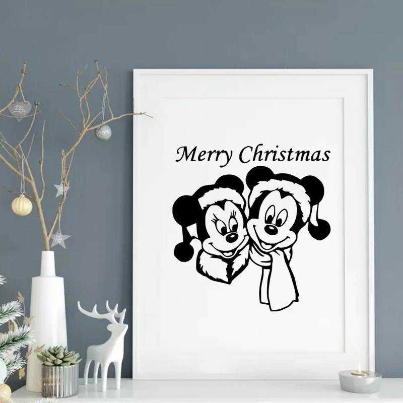 

Vinyl Art Poster Mural Wall Decals Merry Christmas Mickey And Minnie Wall Sticker Holiday Decoration Happy New Year Decor W731