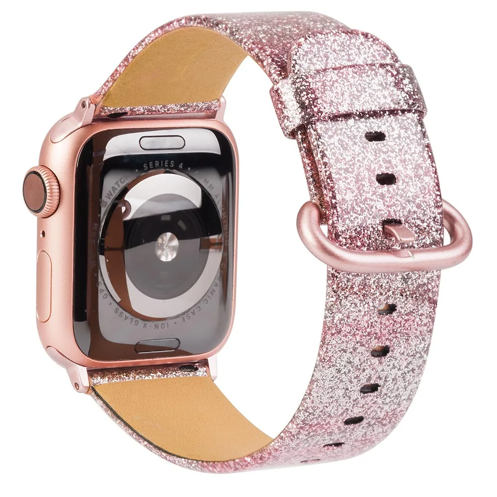 Кожаный ремешок для Apple Watch 38 мм 40 мм для женщин с блестящими бриллиантами 42 мм 44 мм настоящий Блестящий ремешок для iWatch серии 5 4 3 2 1 - Цвет ремешка: Pink