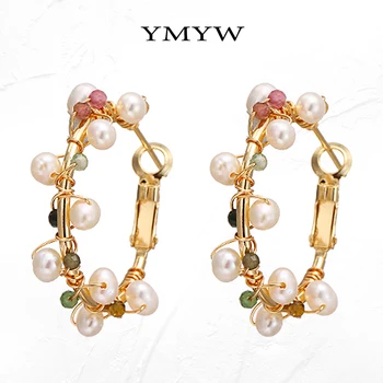 

YMYW High Grade Temperament Natural Tourmaline Stone Hoop Earrings Charm Freshwater Pearls Earrings for Women Party Gift Bijoux