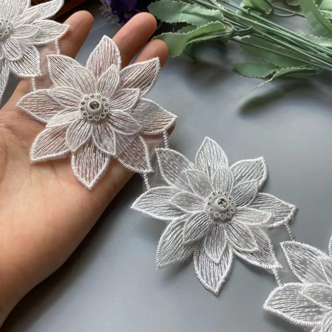 

1 Yard White 8.2cm Lace Trim Ribbon Polyester Leaf Pearl Flower Embroidered Fabric Handmade Sewing Craft For Costume Hat