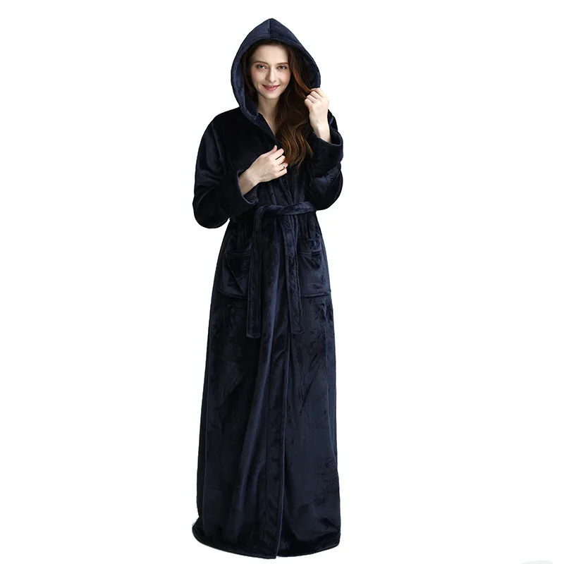 woman navy blue Теплый фланелевый Халат сплошной роскошный кимоно уютный капюшоном велюровый Халат ночной пара бархатная одежда для сна - Цвет: woman navy blue