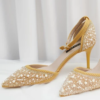 

2020 women pumps Pearl Shallow Thin Heel Stilettos High Heels Point Toes Womens Party Wedding Dress Pump Elegant nude shoes