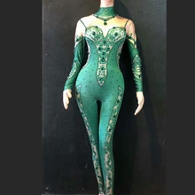 Sexy Green Rhinestones Jumpsuit Women DJ Bar Performance Dance Wear DS Female Singer MV Rhinestone Bodysuit Chinese Costume