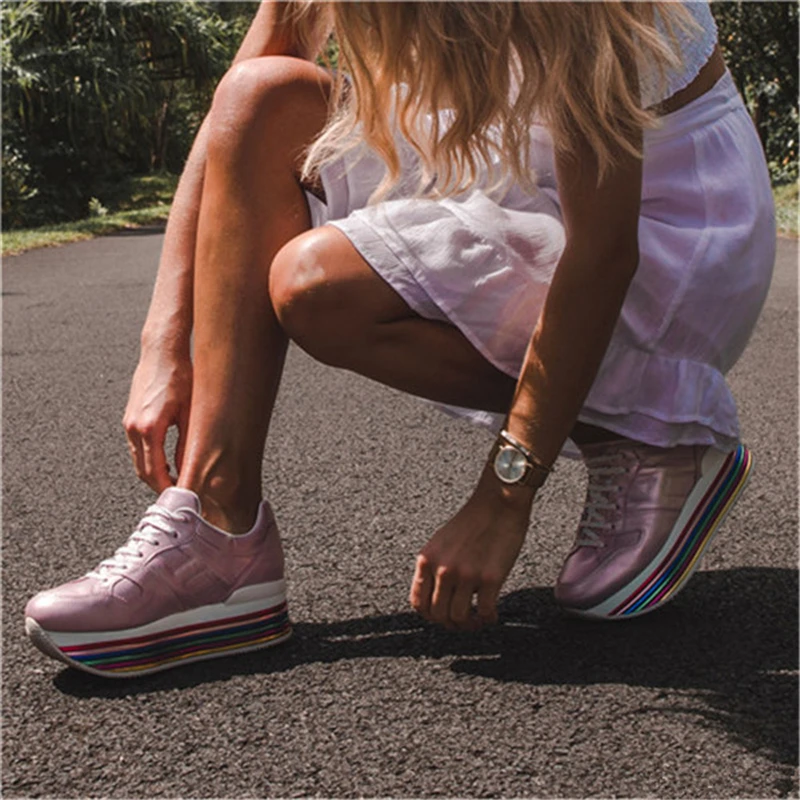 Stylesowner блестящие женские кроссовки радужные шнурки на платформе кроссовки для девочек натуральная кожа женская обувь повседневные эспадрильи
