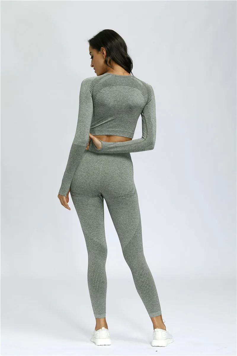 Women Vital Seamless Yoga Set Gym Clothing Fitness Leggings+Cropped Shirts Sport Suit Women Long Sleeve Tracksuit Active Wear