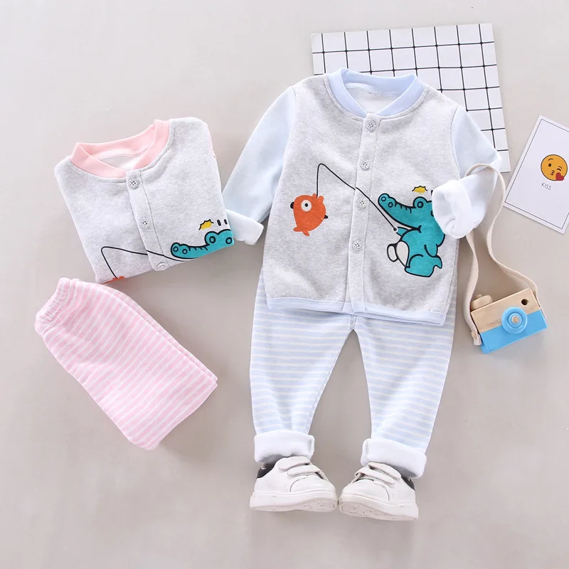 

2019 Winter New Style Casual Fashion Girls Cartoon Crocodile plus Velvet Sweater Two-Piece Set Children Thermal Underwear