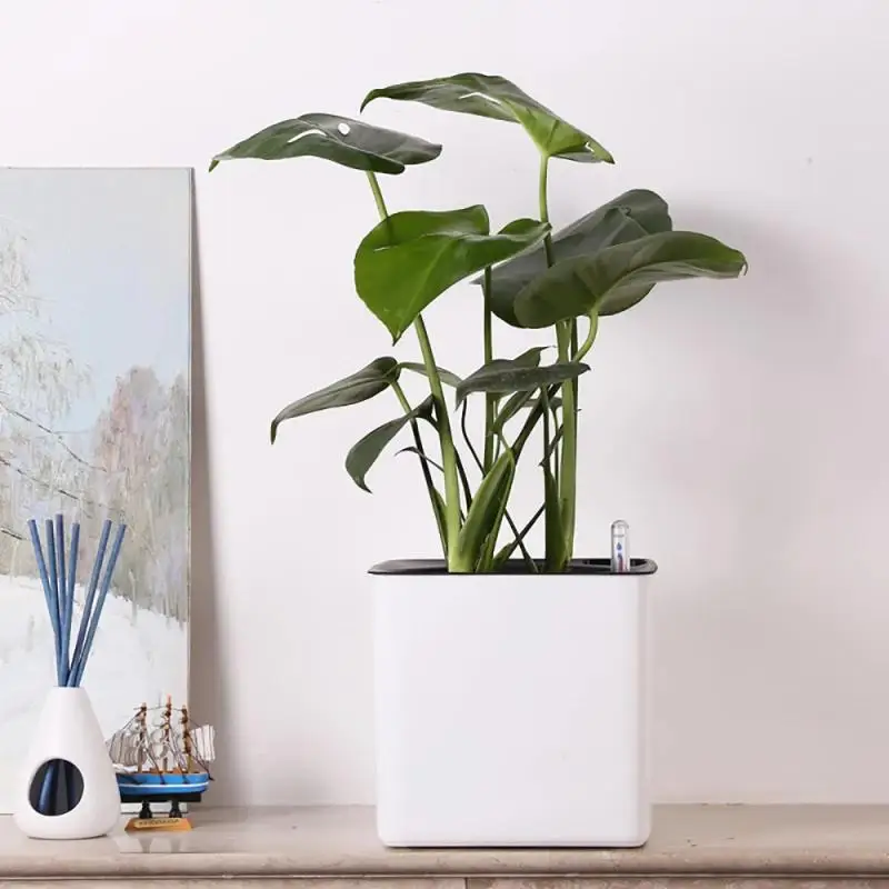 Maceta cuadrada de plástico con indicador de nivel de agua, maceta de flor de escritorio para jardín, casa, oficina, autoriego, color blanco