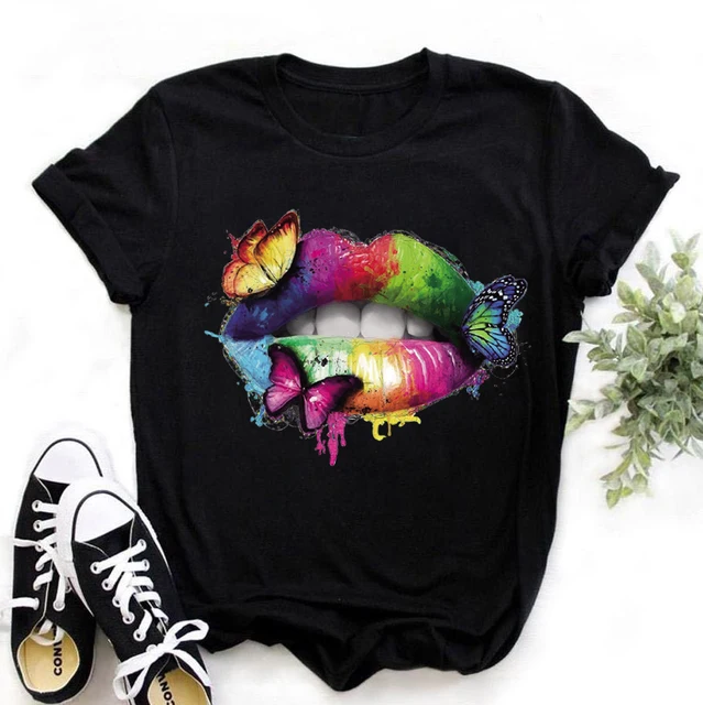 Women Tops O-neck Sexy Black Tees Kiss Lip Funny Summer Female Soft T Shirt Lips Watercolor Graphic T Shirt Top9180 3947-black