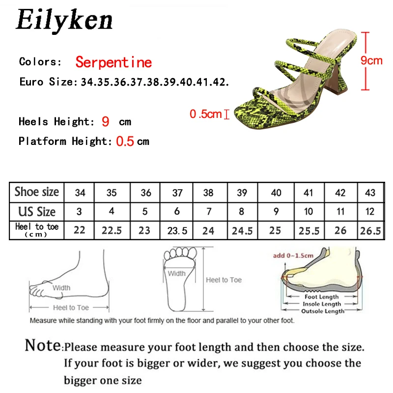 Eilyken/Новинка года; пикантные тапочки со змеиным принтом; Цвет абрикосовый, зеленый; женские сандалии с открытым носком на квадратном каблуке; шлепанцы без задника