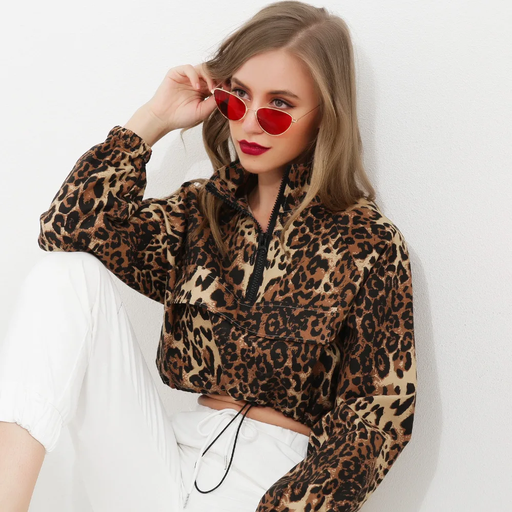 

New Women Jackets Reflective Leopard Print Pullover Zipper Patchwork Long Sleeve Tied-Up Women Short Top Sexy Streetwear Autumn