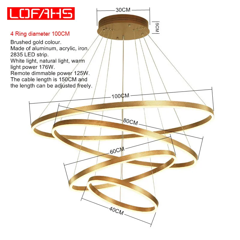 Golden 4 Ring D100CM LOFAHS современный роскошный светодиодный потолочный светильник Liustra, потолочный светильник для гостиной, столовой, kattokruunu Deckenlicht sufitowe Lustr - Цвет корпуса: Golden 4 Ring D100CM