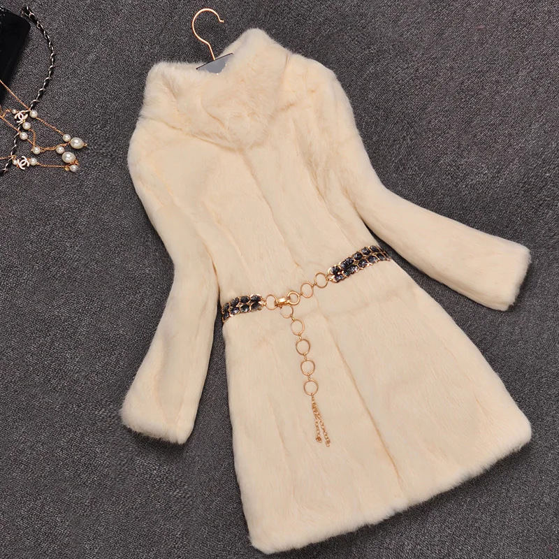 Whole skin real rabbit fur winter coat women long design stand collar warm natural fur jacket outerwear fashion overcoat