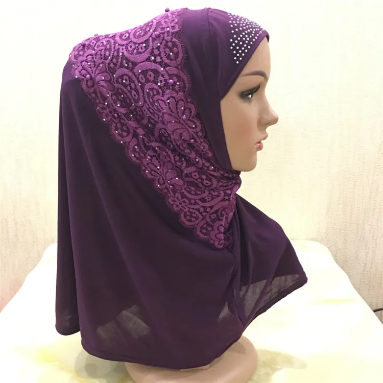 New fashion luxury Lace crystal muslim hijab scarf stretchy arab lady headwraps 10pcs/lot - Цвет: Фиолетовый