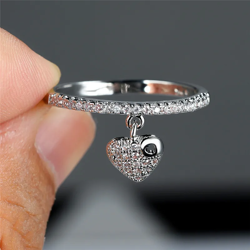 Female Crystal Heart Pendant Rings Gold Silver Color Engagement Ring Charm White Zircon Wedding Jewelry For Women crystal rings engagement rings zircon rings fashion rings wedding rings fashion ring finger rings metal rings