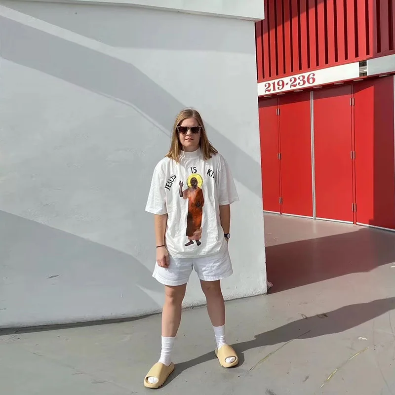 KANYE JESUS IS KING, Ретро стиль, короткий рукав, Мужская футболка, круглый вырез, белая, свободная, хлопок, пара футболок, Harajuku, хип-хоп Футболка